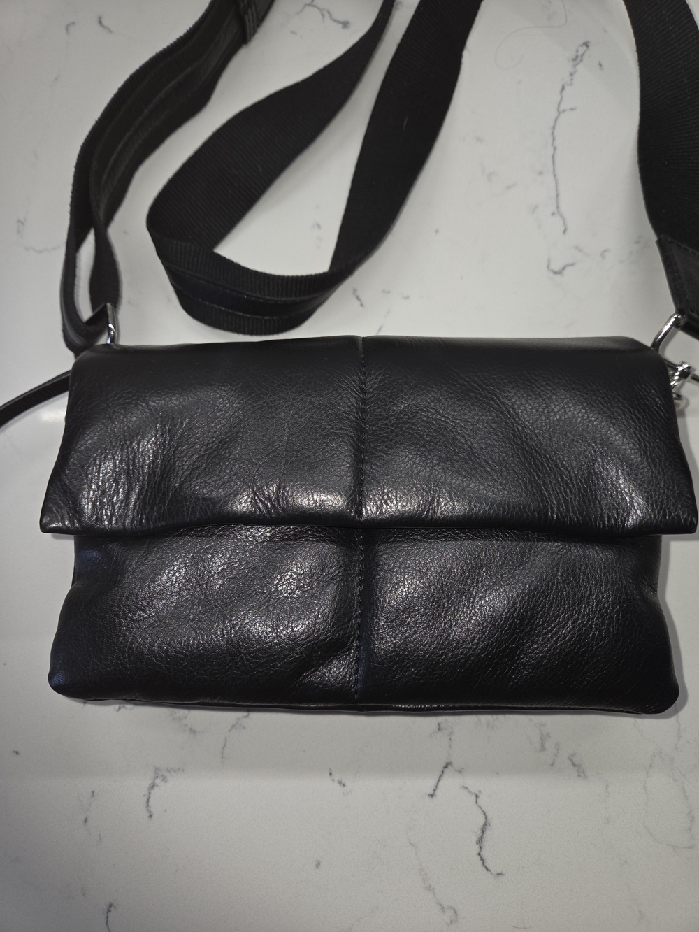 Soft Black Leather Quilted Crossbody Bag Multi-Compartment Utility Web Strap
